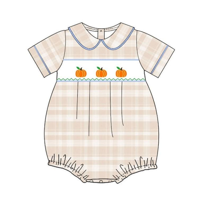 Pumpkin Smocked Boy's Bubble in Tan Plaid