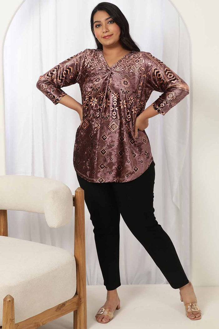 Purple Printed V Neck Velvet Top