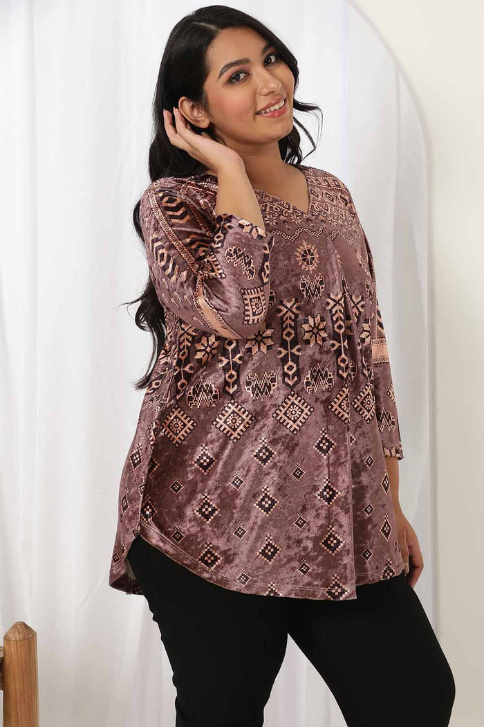 Purple Printed V Neck Velvet Top