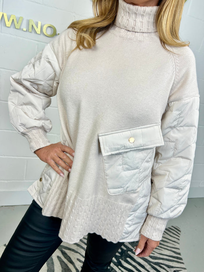 Quilted Cable Knit Roll Neck Side Popper Front Pocket Jumper (2 Colours)