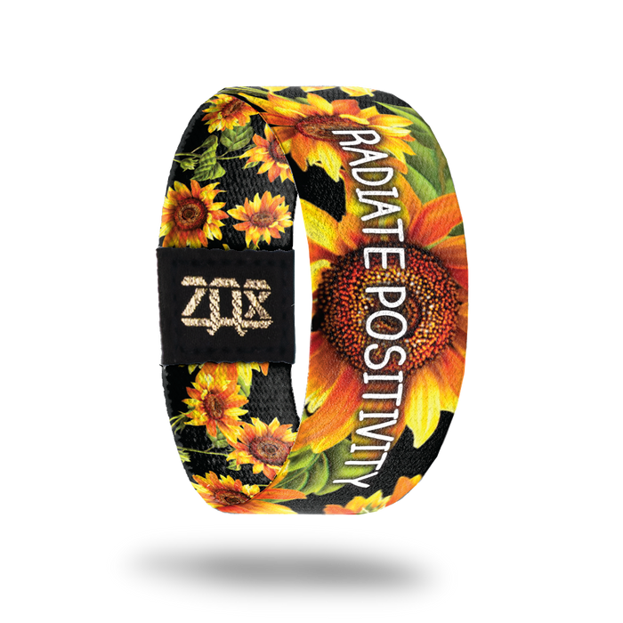Inside Design of Radiate Positivity: black background with bright yellow sunflowers throughout with white text ‘Radiate Positivity’