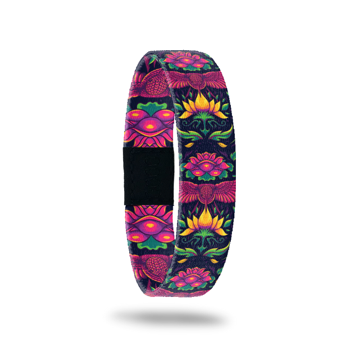 Outside Design of Recovery: dark purple background with floral and bird design