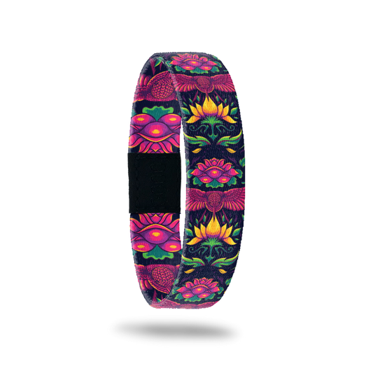 Outside Design of Recovery: dark purple background with floral and bird design