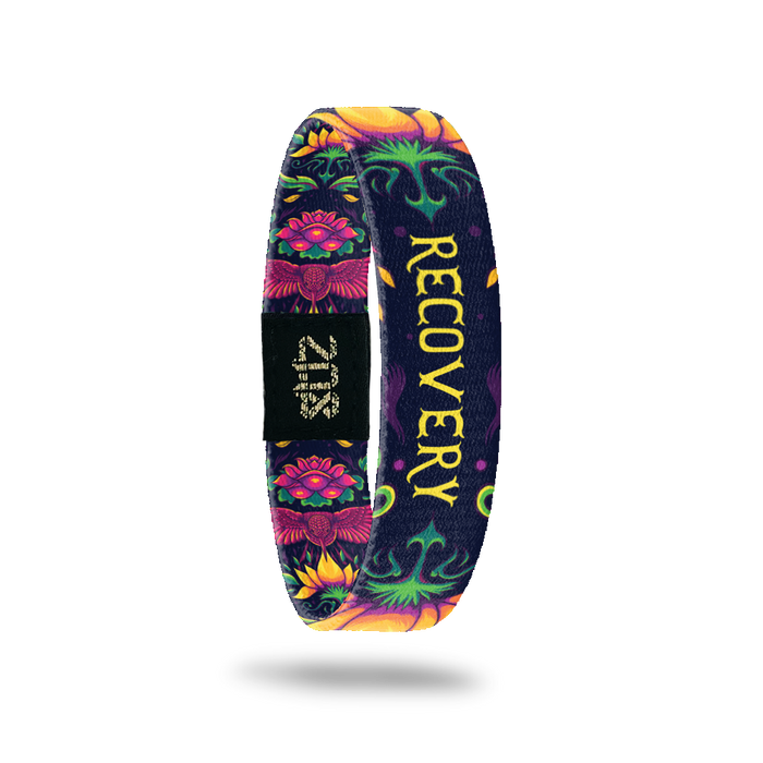 Inside Design of Recovery: dark purple background with floral and bird design with yellow text ‘Recovery’