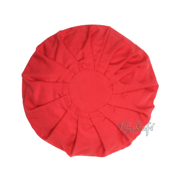 Red Cotton-Blend Ijazi Pleated Top 9 cm Tall Fabric Kufi Prayer Cap Beanie