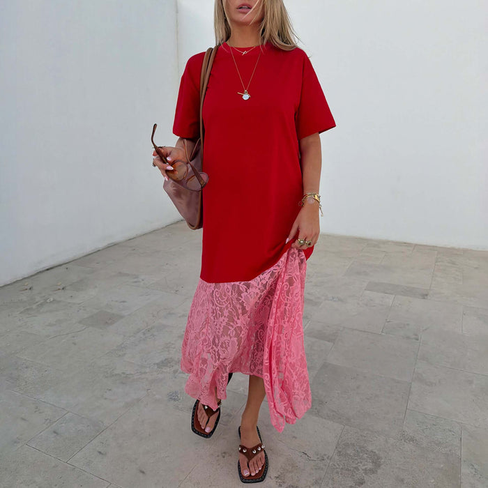 Red and Pink Cara T-Shirt Dress featuring a classic t-shirt top and an attached pink lace skirt.
