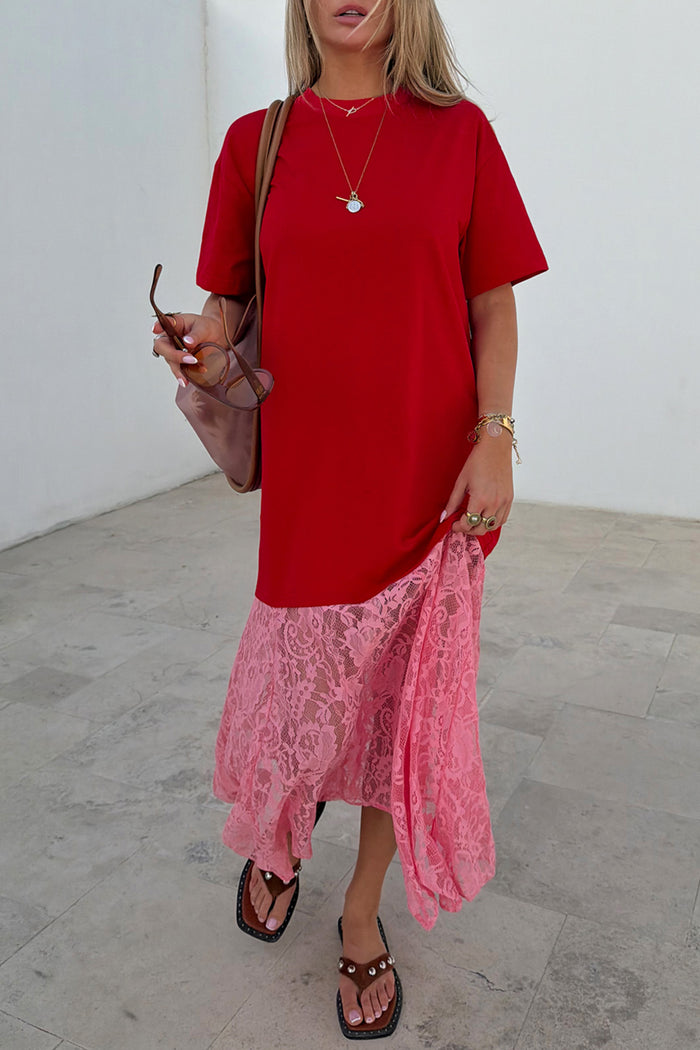 Red and Pink Cara T-Shirt Dress featuring a cotton top and pink lace skirt in a relaxed midaxi length.