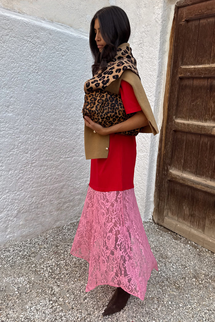 Red and Pink Cara T-Shirt Dress with a cotton jersey top and pink lace skirt insert, styled with leopard print.