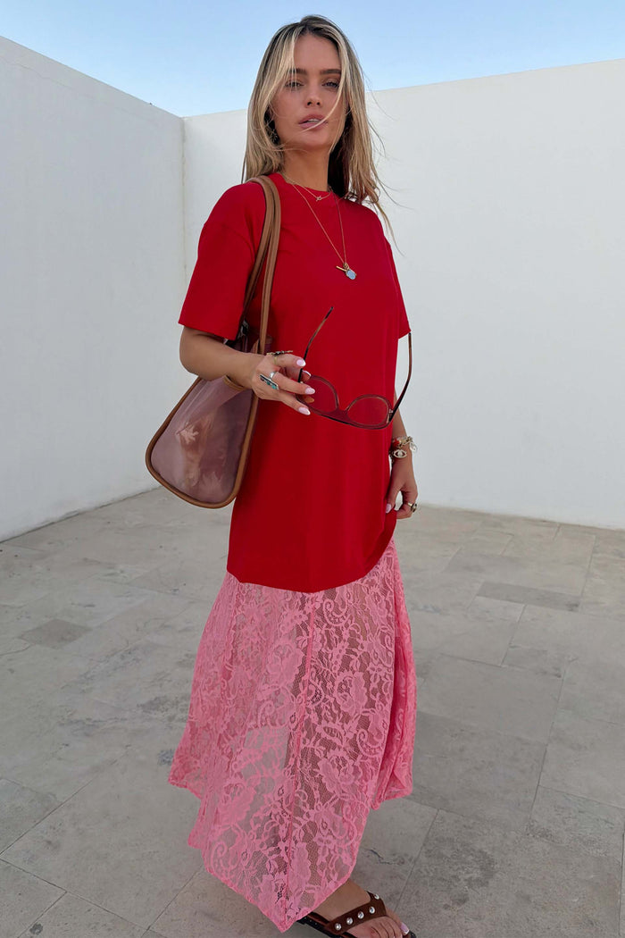 Red and Pink Cara T-Shirt Dress with a lace insert, shown on a 5ft6” model wearing size M for dopamine dressing.