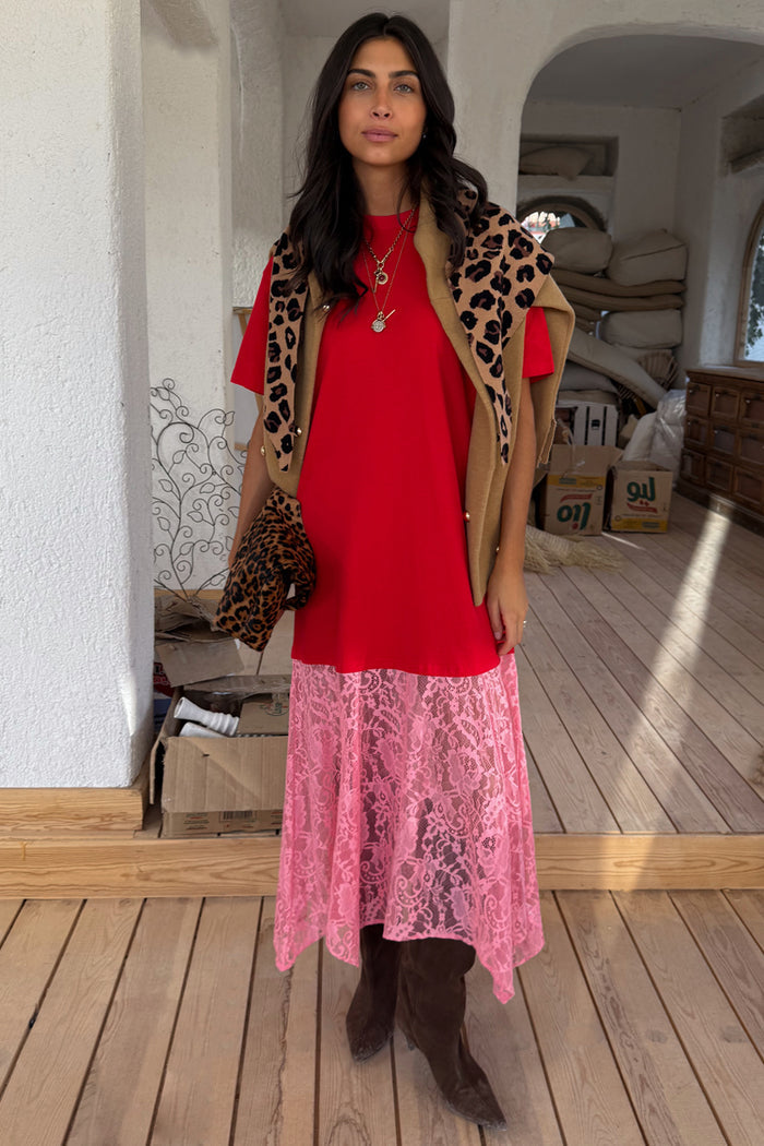 Red and Pink Cara T-Shirt Dress with a red cotton top and an attached pink lace midi skirt.