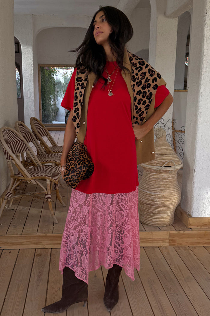 Red and Pink Cara T-Shirt Dress with a cotton top and pink lace skirt, styled with leopard print layering.