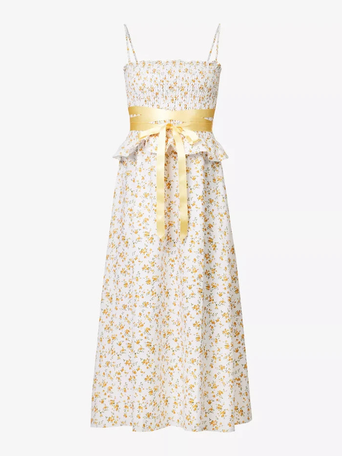REFORMATION Miles Floral Ruffle-Trim Bow-Detail Linen Midi Dress - House Of Huntington