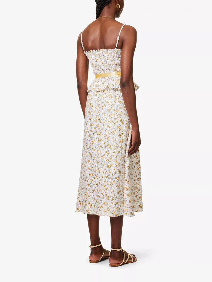 REFORMATION Miles Floral Ruffle-Trim Bow-Detail Linen Midi Dress - House Of Huntington
