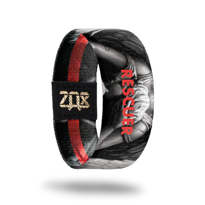 Inside design of Rescuer, grayscale angel in the center of black background with Rescuer in red transparent text over the angel