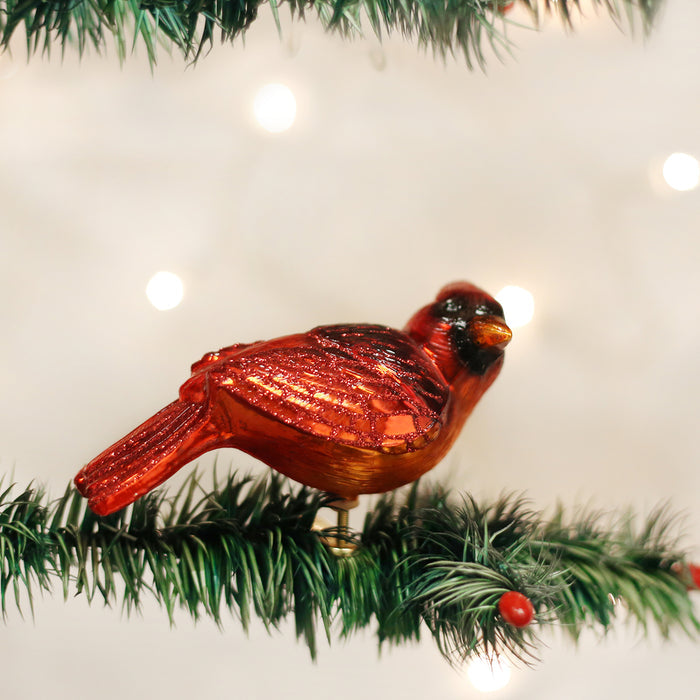 A red cardinal bird ornament with gold accents is clipped to a green Christmas tree branch, with soft white holiday lights glowing in the blurred background.