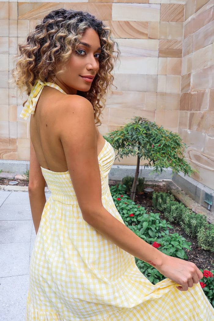 Saffron Maxi Dress - Yellow Gingham Print - Runway Goddess