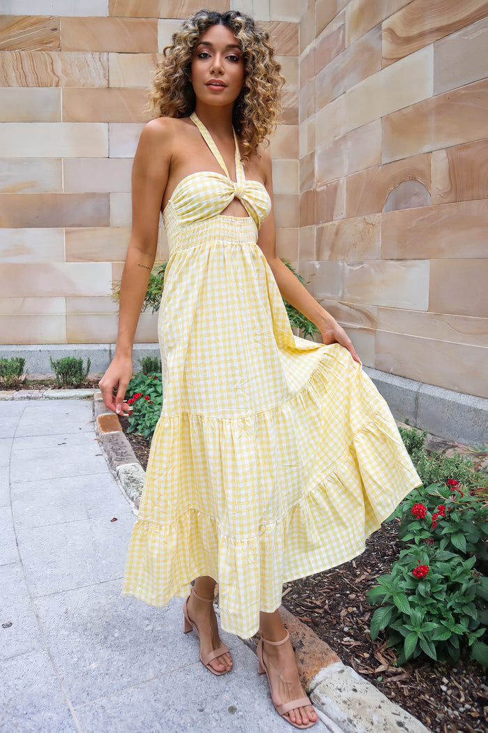 Saffron Maxi Dress - Yellow Gingham Print - Runway Goddess