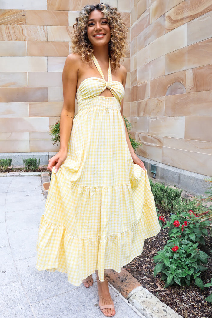 Saffron Maxi Dress - Yellow Gingham Print - Runway Goddess