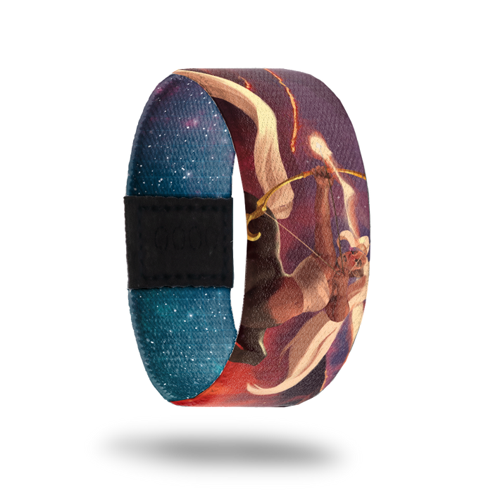 Outside design for Sagittarius. A blended background of dark purple and red. At the center is an illustrated image of Sagittarius the centaur archer, half human and half horse.