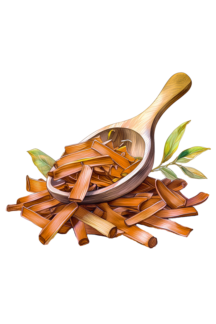 Rustic Strength - watercolor image of a wooden spoon holding shaved bits of wood with some leaves representing Sandalwood fragrance