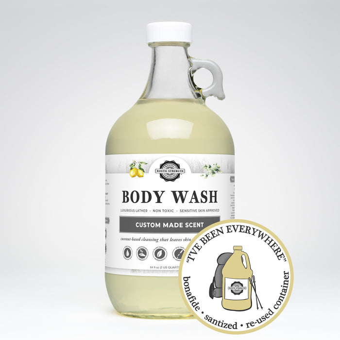 Rustic Strength, Body Wash, 64oz Glass, Lemon & Eucalyptus with image "I've been everywhere - Bonafide, Sanitized, Re-used Container"