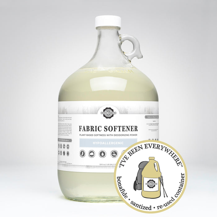 Rustic Strength, Fabric Softener, 128oz Glass, Hypoallergenic with image "I've been everywhere - Bonafide, Sanitized, Re-used Container"