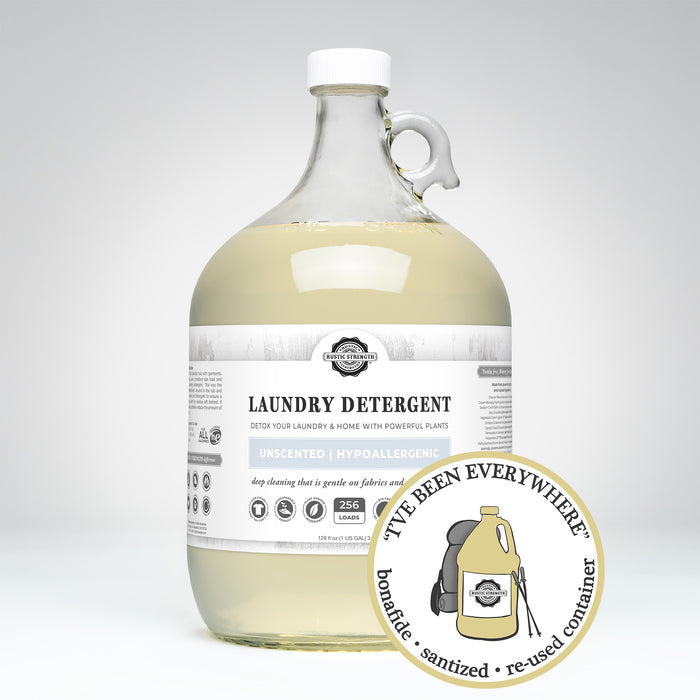 Rustic Strength, Laundry Detergent, 128oz Glass, Unscented - Hypoallergenic with image "I've been everywhere - Bonafide, Sanitized, Re-used Container"