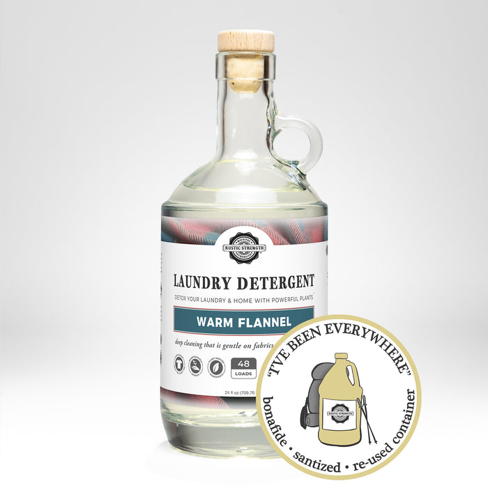 Rustic Strength, Laundry Detergent, 24oz Glass, Warm Flannel with image "I've been everywhere - Bonafide, Sanitized, Re-used Container"