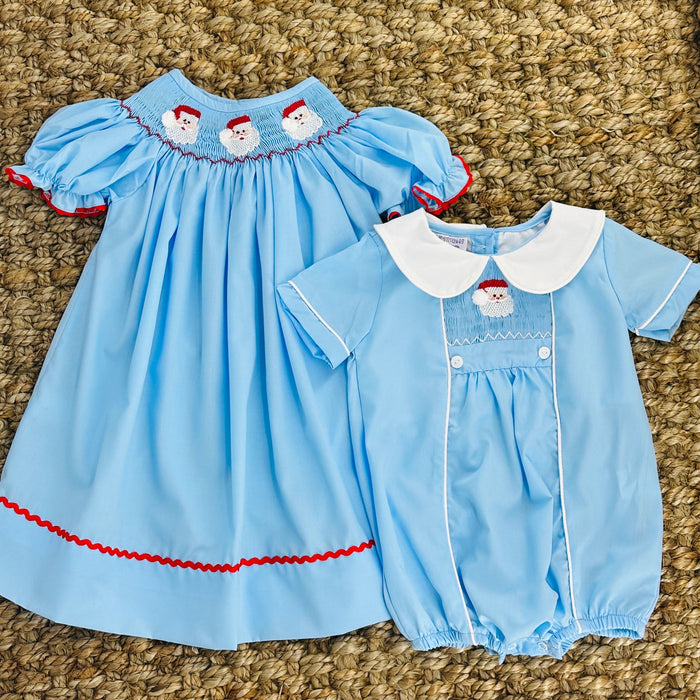 Santa Smocked Boy's Bubble in Blue