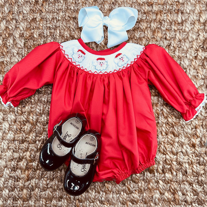 Santa Smocked Christmas Bubble Romper in Red