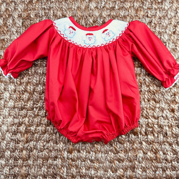 Santa Smocked Christmas Bubble Romper in Red