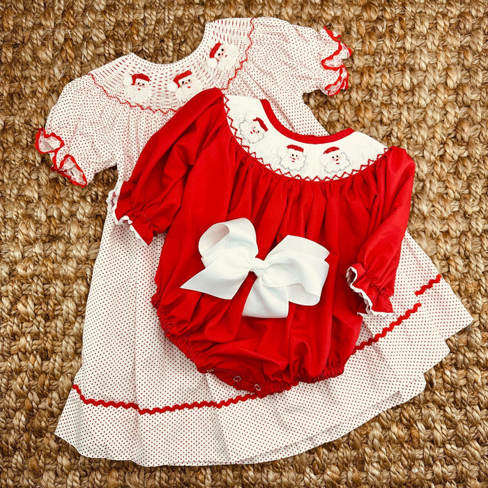 Santa Smocked Christmas Bubble Romper in Red