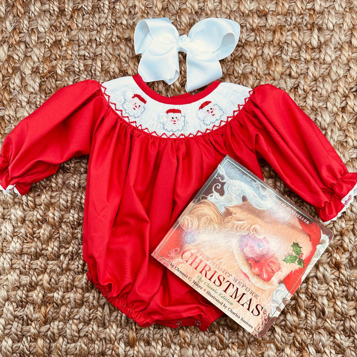 Santa Smocked Christmas Bubble Romper in Red