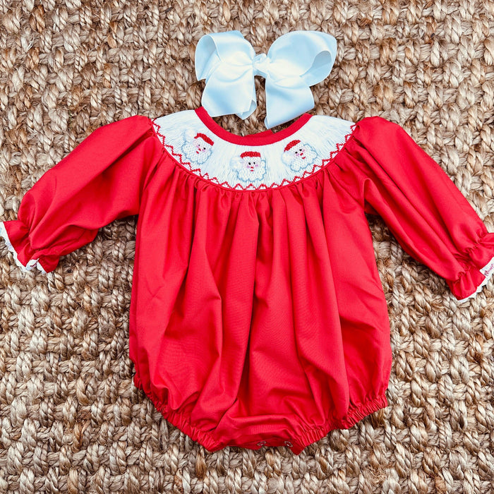 Santa Smocked Christmas Bubble Romper in Red