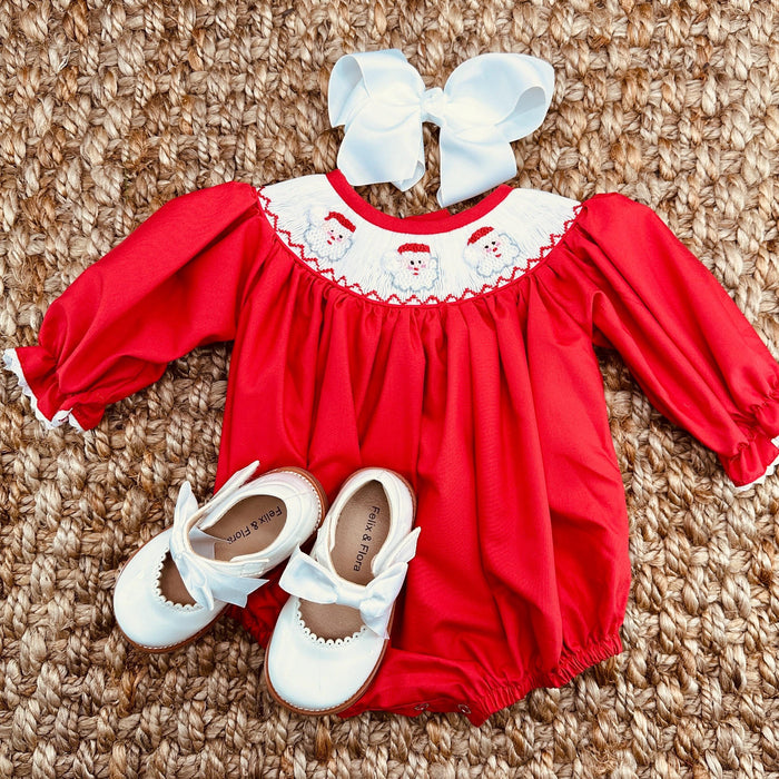 Santa Smocked Christmas Bubble Romper in Red
