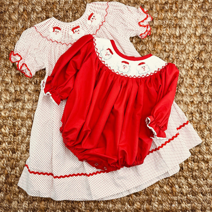 Santa Smocked Christmas Bubble Romper in Red