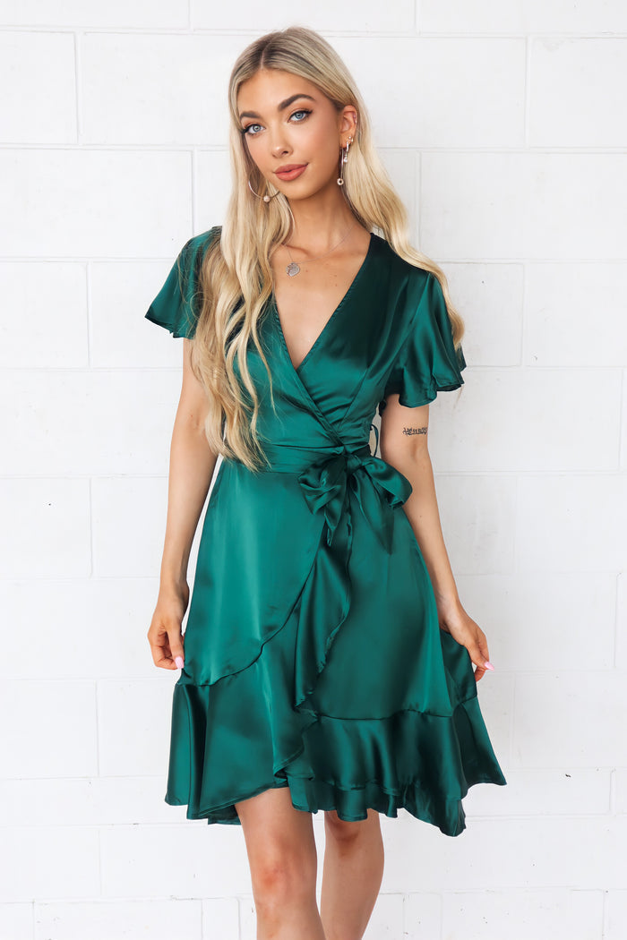 Satin Butterfly Midi Dress - Emerald Green - Runway Goddess