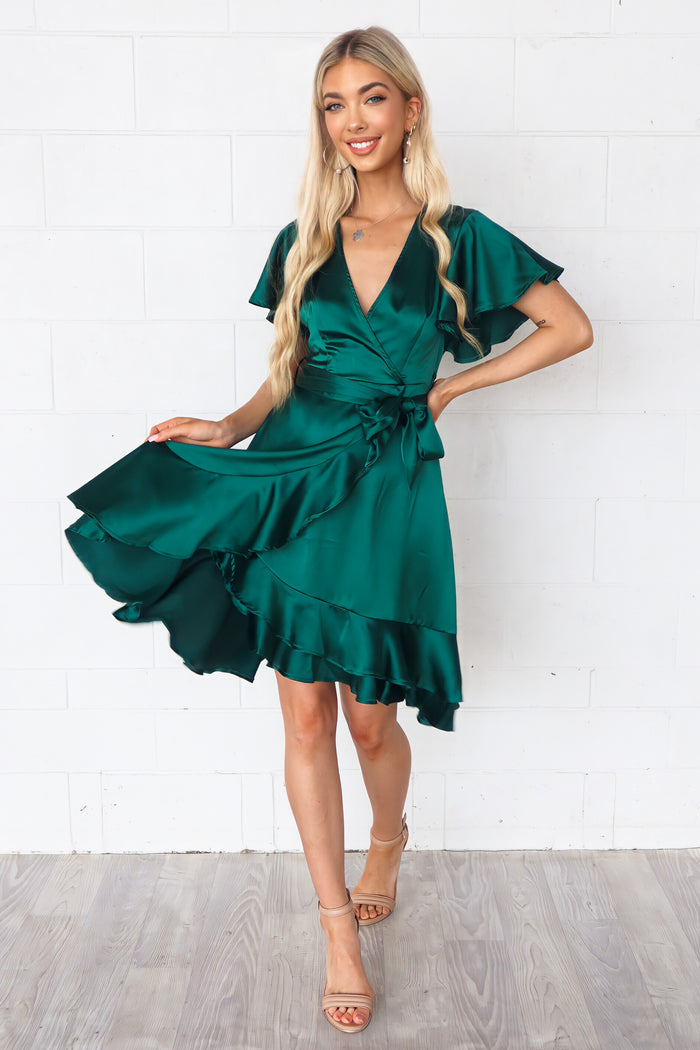 Satin Butterfly Midi Dress - Emerald Green - Runway Goddess