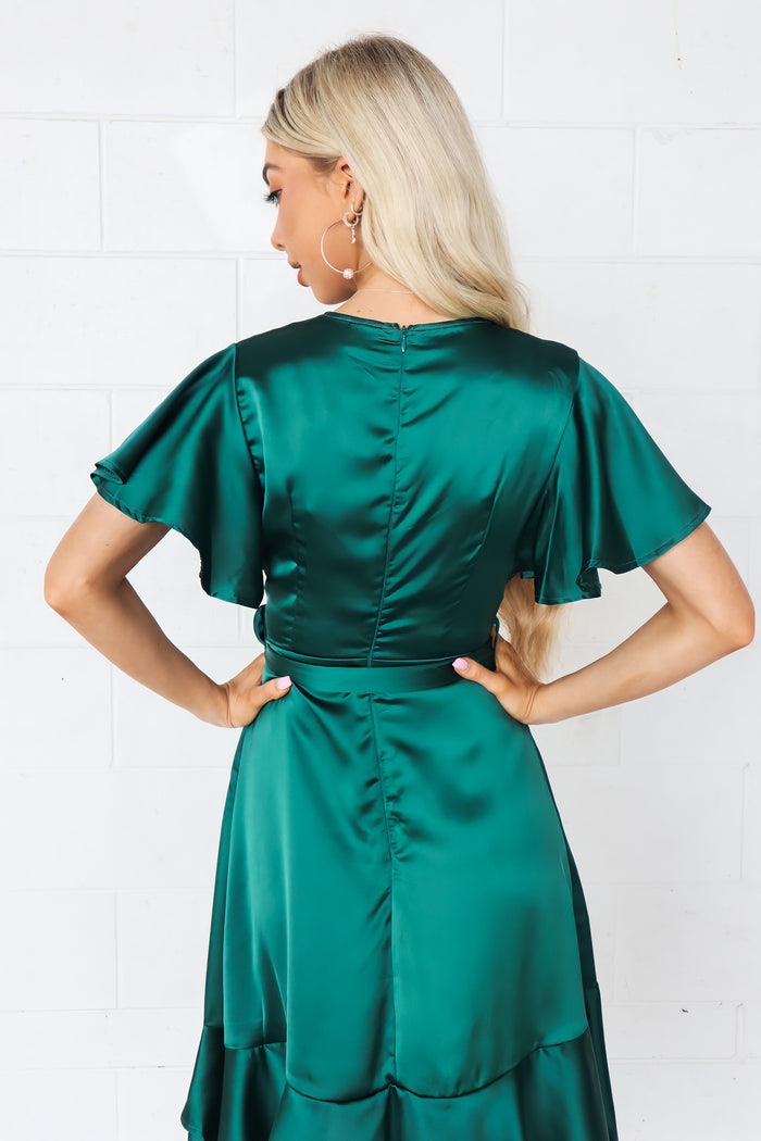 Satin Butterfly Midi Dress - Emerald Green - Runway Goddess