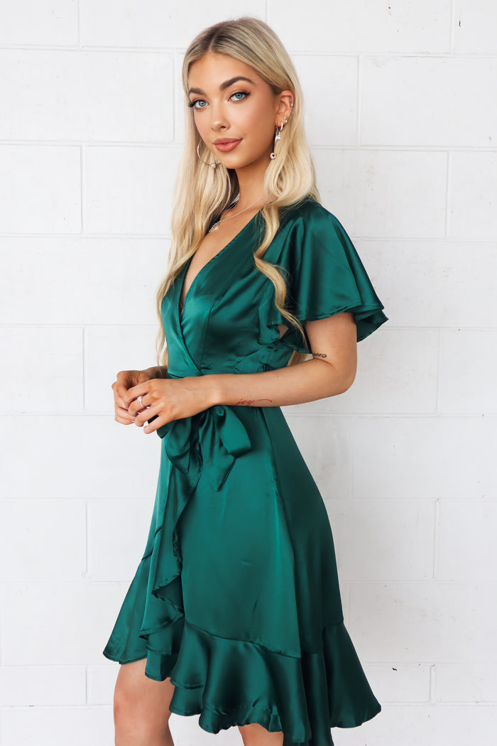 Satin Butterfly Midi Dress - Emerald Green - Runway Goddess
