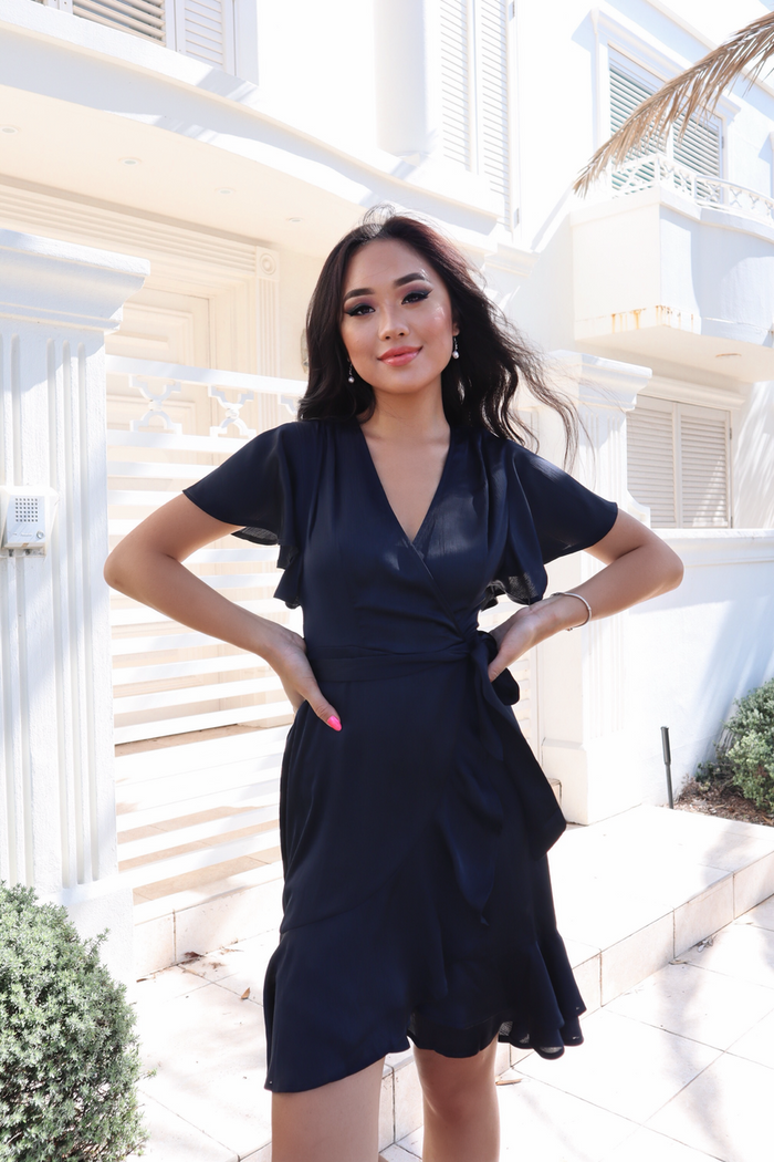 Satin Butterfly Midi Dress - Navy - Runway Goddess