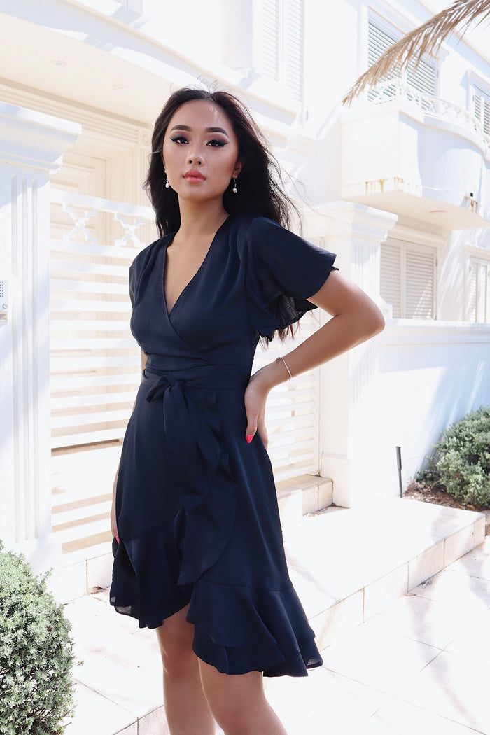Satin Butterfly Midi Dress - Navy - Runway Goddess