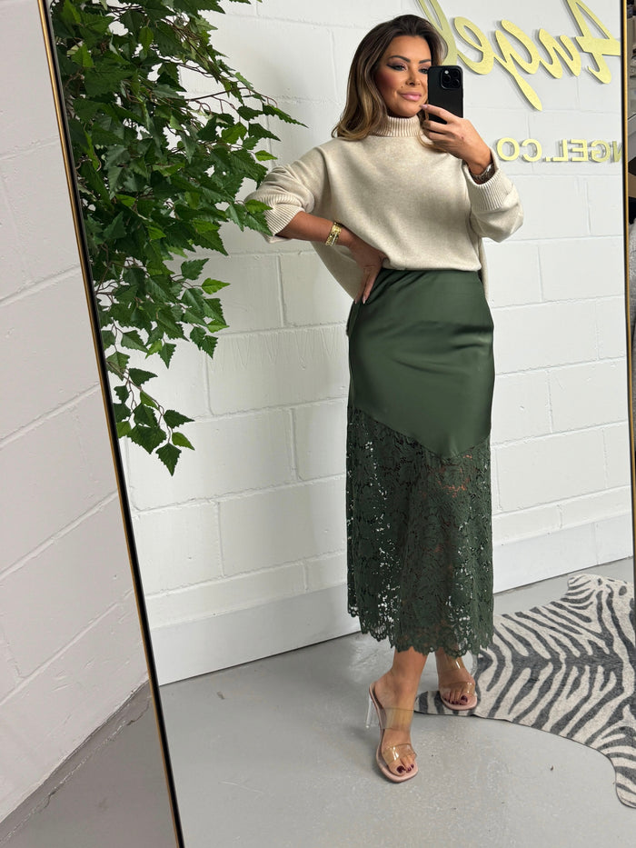 Satin Lace Hem Midi Skirt (4 Colours)