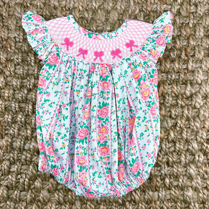 pink green and yellow floral baby smocked bubble with bows