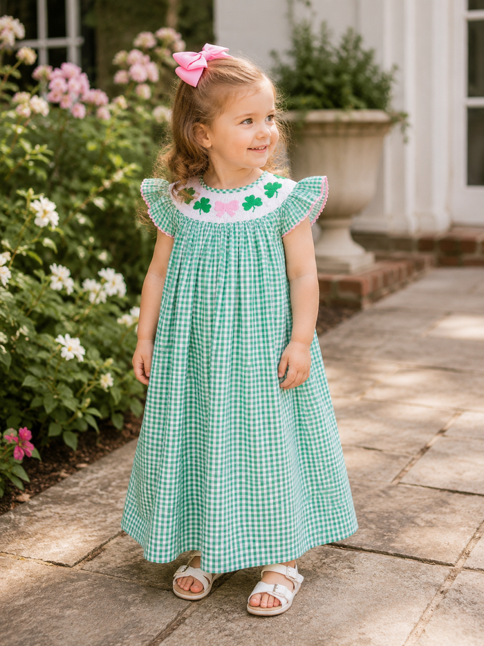 Shamrock & Bow Smocked Bishop Dress in Gingham - St. Patrick's Day