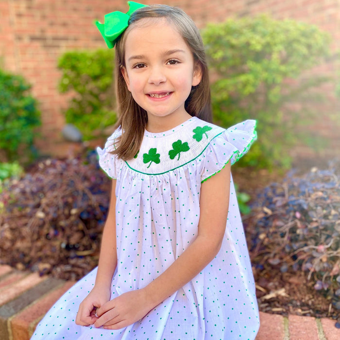 Shamrock Smocked Bishop Dress in Polka Dots - St. Patrick's Day