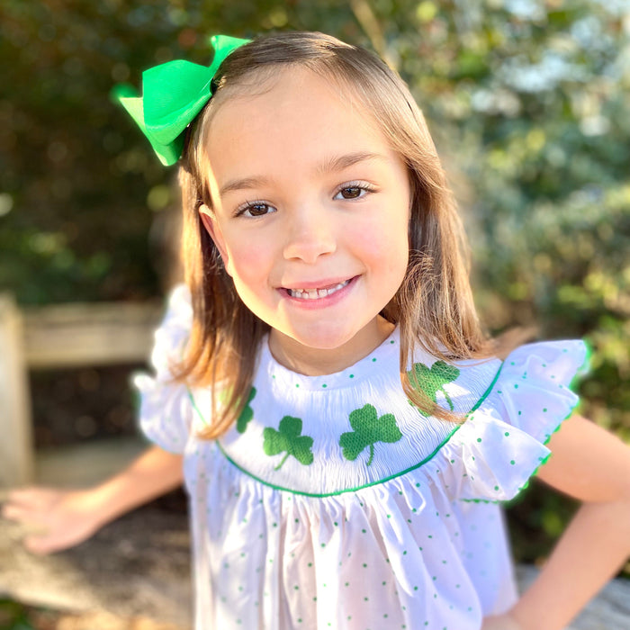 Shamrock Smocked Bishop Dress in Polka Dots - St. Patrick's Day