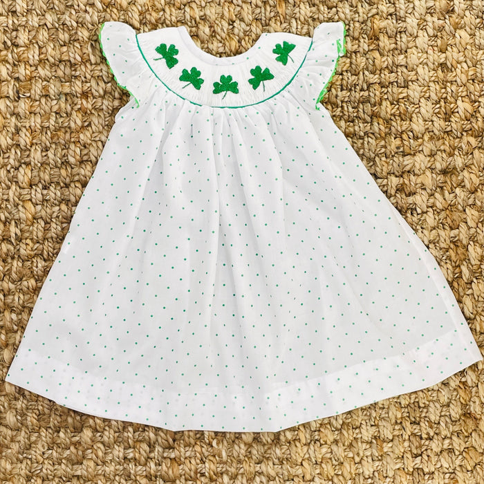 Shamrock Smocked Bishop Dress in Polka Dots - St. Patrick's Day