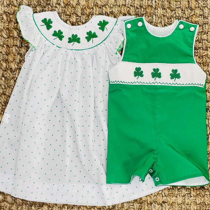 Shamrock Smocked Bishop Dress in Polka Dots - St. Patrick's Day