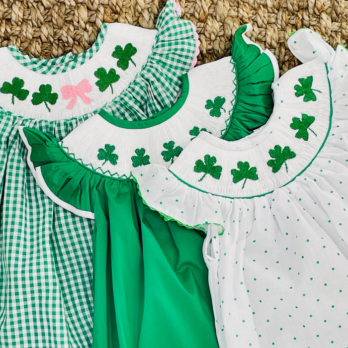 Shamrock Smocked Bishop Dress in Polka Dots - St. Patrick's Day
